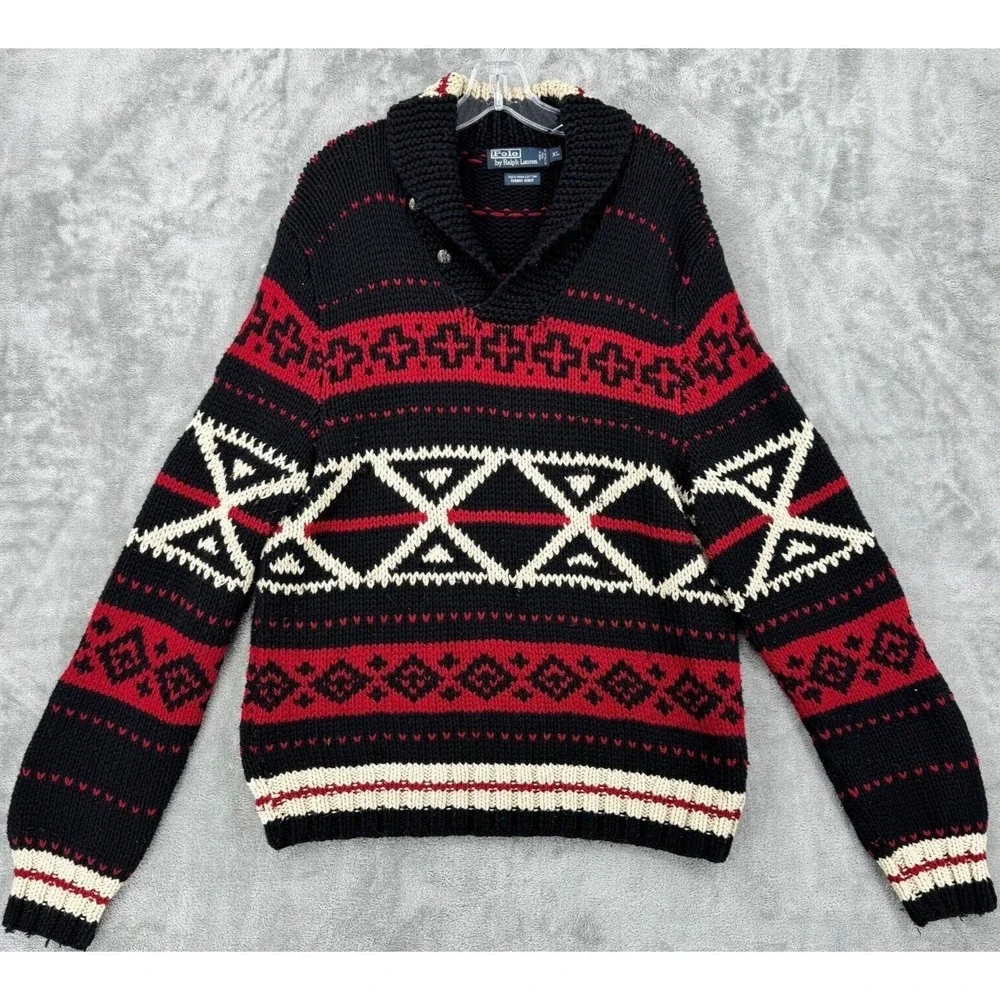 Vintage Polo Ralph Lauren Sweater Mens XL Aztec Western Hand Knit Shawl Collar